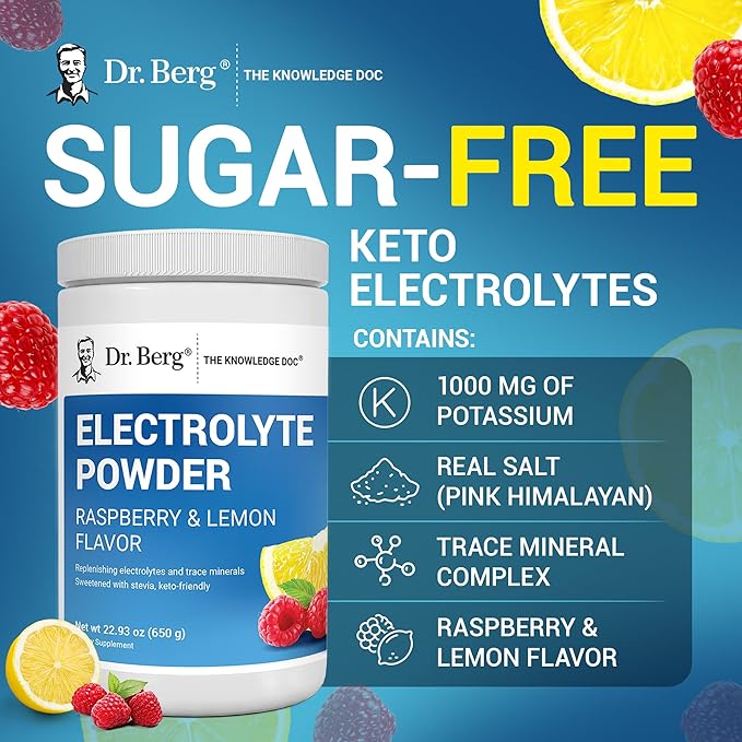 Dr. Berg Zero Sugar Hydration Keto Electrolyte Powder - Enhanced w/ 1000 mg of Potassium & Real Pink Himalayan Salt (NOT Table Salt) - Raspberry & Lemon Flavor Hydration Drink Supplement, 100 Servings