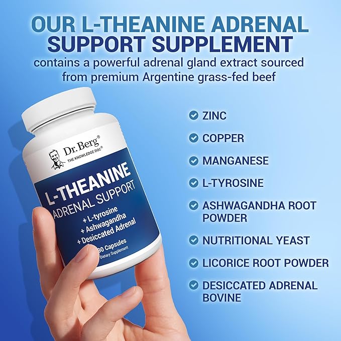 Dr. Berg L-Theanine 200mg - Includes Zinc, Copper, L-Tyrosine, & Ashwagandha – L-Theanine Supplement Adrenal Support - for Relaxation, Stress Relief, and Mental Clarity* – 90 Gelatin Capsules