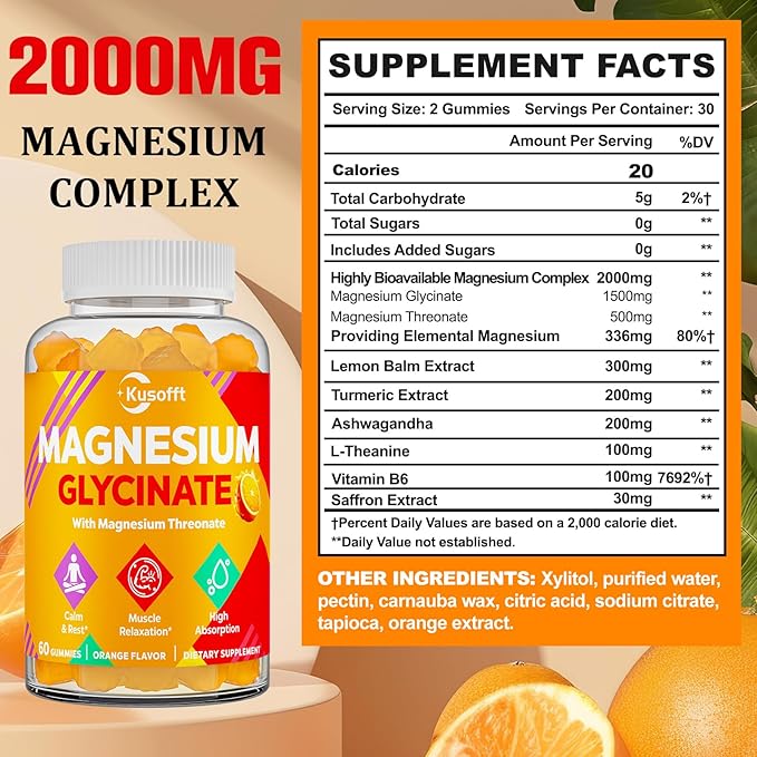 Magnesium Glycinate Gummies 1500mg - Sugar Free Magnesium Gummies for Women & Men, with L-Theanine, Ashwaganha, for Energy, Rest* & Muscle, Shelf Stable,60 Magnesium Gummies for Kids