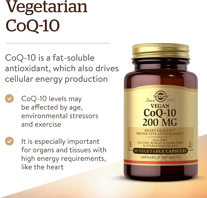 Solgar Vegetarian CoQ-10 200 mg, 30 Vegetable Capsules - Heart Healthy, Protective Antioxidant - Coenzyme Q10 (CoQ-10) Supplement - Vegan, Gluten Free, Dairy Free, Kosher - 30 Servings