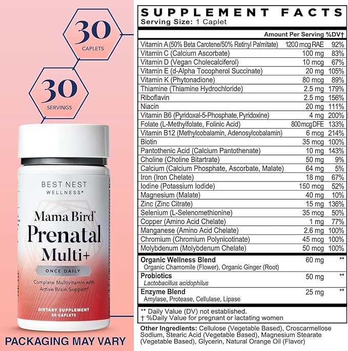 Best Nest Wellness Mama Bird Prenatal Multi Plus - Prenatal Care Supplement Supports Brain & Digestive Health - Vegan Multivitamin with L-Methylfolate, Probiotics & More - 30 Caplets (30 Servings)