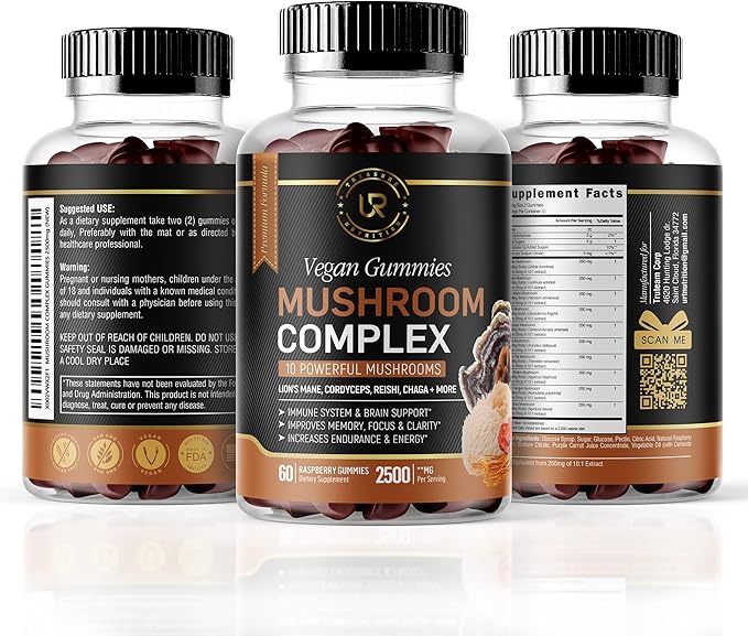 Mushroom Gummies | 10 Mushroom Supplement | 2 pack | Turkey Tail, Chaga, Reishi, Cordyceps & Lions Mane Organic Mushroom Extracts, Nootropic Brain Booster for Focus, Memory, Clarity, Energy | 120ct