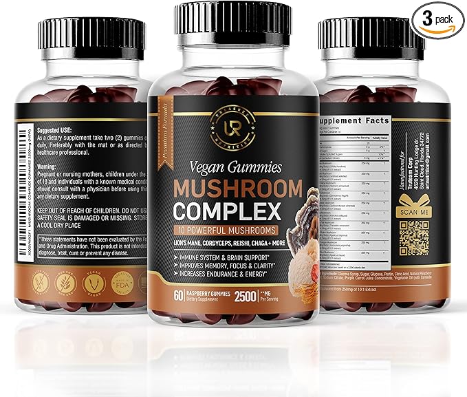 Mushroom Gummies | 10 Mushroom Supplement | 2500mg | Turkey Tail, Chaga, Reishi, Cordyceps & Lions Mane Organic Mushroom Extracts, Nootropic Brain Booster (180 Count (Pack of 3))