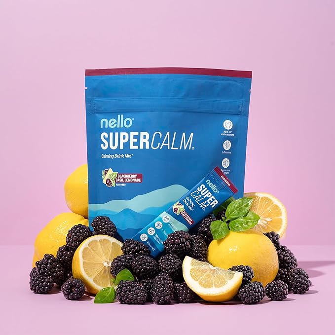 Supercalm Drink Mix -Ashwagandha KSM 66, Magnesium Glycinate & L-Theanine Supplement, Vitamin D3- Ashwagandha Root Extract- Focus and Relaxation Support (20 Travel Packets)- Blackberry Basil Lemonade