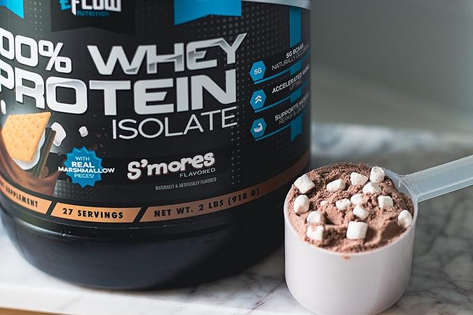 eFlow Nutrition 100% Whey Protein Isolate - Gluten & Lactose-Free Digestive Enzymes Added, Low Carb, Post Workout Shake, Fast Digesting for Optimal Muscle Recovery - S'Mores (26 Servings)