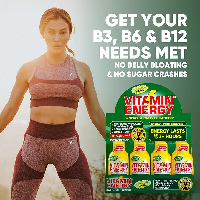 Vitamin Energy B12 11,000% Extra Strength Energy Shot Mango 12 Pack, 260mg Natural Caffeine, B12 & B6, Nootropic Focus, Vitality, Zero Sugar, Gluten-Free, Vegan, Kosher, 1.93 fl oz