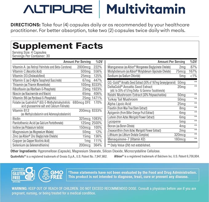ALTIPURE™ Complete Multivitamin, Gluten-Free, Dairy-Free, Heart, Bone, Eye and Brain Health, Immune Function, 120 Capsules