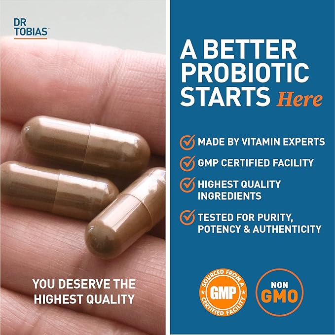 Dr. Tobias Probiotics 30 Billion, 10 Strains, 30 Billion CFU's, Targeted Release Probiotics for Women & Men, Supports Digestive Health, Shelf-Stable, Non-GMO, 90 Capsules, 90 Servings