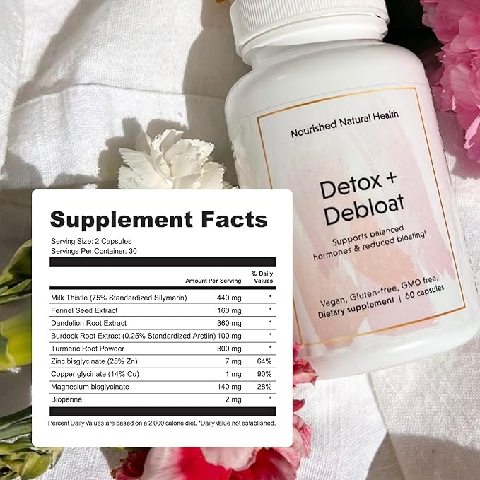 Nourished Natural Detox + Debloat - Milk Thistle & Dandelion Root Vegan Supplement for Women - Bloating Relief & Digestion Support - 240 Capsules