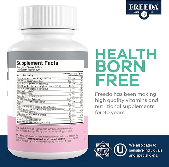 FREEDA Mini Prenatal Vitamin - Kosher Prenatals -Tiny Easy to Swallow Tablets - Prenatal Vitamins with Iron, Prenatal Folic Acid/Folate, Vitamin D - Pre Natal Multivitamin for Pregnant Women (240)