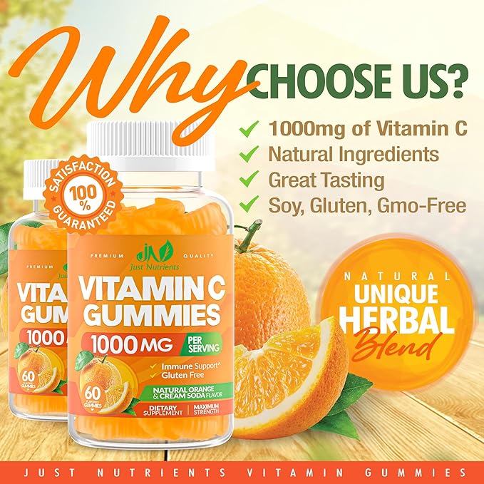 Vitamin C Gummies 1000mg for Adults & Kids – Chewable Multivitamin with Zinc for Immune System & Collagen Support for Skin – Orange Flavor – Gluten Free, Non-GMO, Vegetarian – 60 Gummies