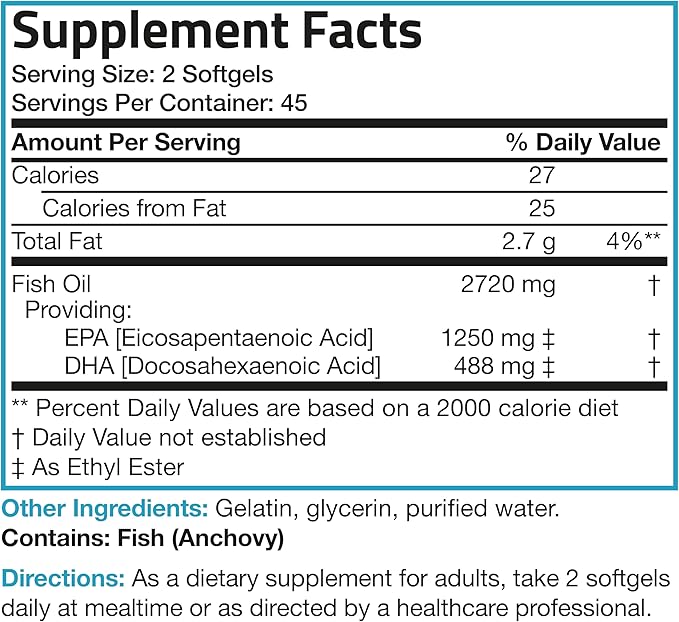Bronson Omega 3 Fish Oil Triple Strength 2720 mg, High EPA 1250 mg DHA 488 mg, Non-GMO Heavy Metal Tested, 90 Softgels