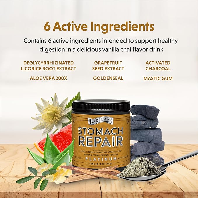 Barlean's Stomach Repair Gut Health Powder Supplement, Fiber and Digestive Support Supplements Blend for Detox and Cleanse, Vanilla Chai Drink Mix, 6.35 oz