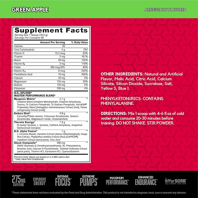 BSN N.O.-XPLODE Pre Workout Powder, Energy Supplement for Men and Women with Creatine and Beta-Alanine, Flavor: Green Apple, 60 Servings