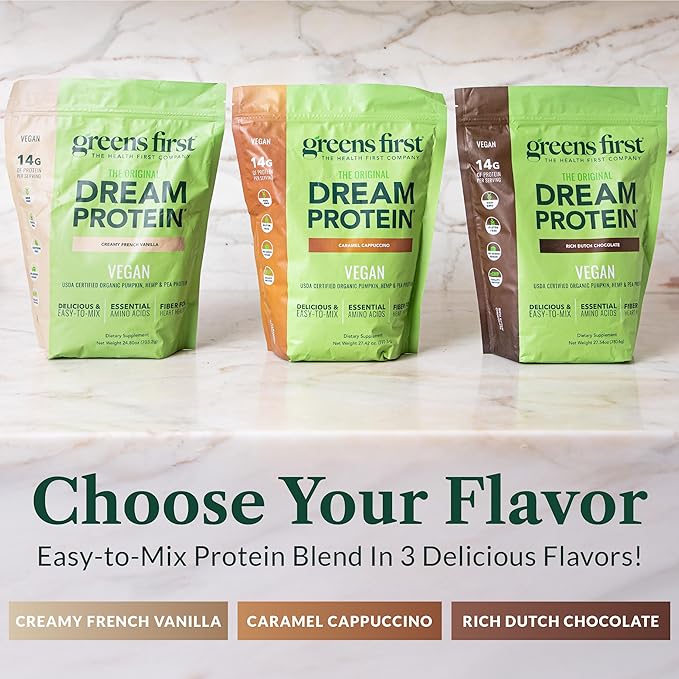 Greens First Dream Protein Plant-Based Vegan Powder - USDA Organic Pumpkin, Hemp & Pea Protein - Gluten-Free, Non-GMO, No Added Sugar (Creamy French Vanilla, 24.8 oz)