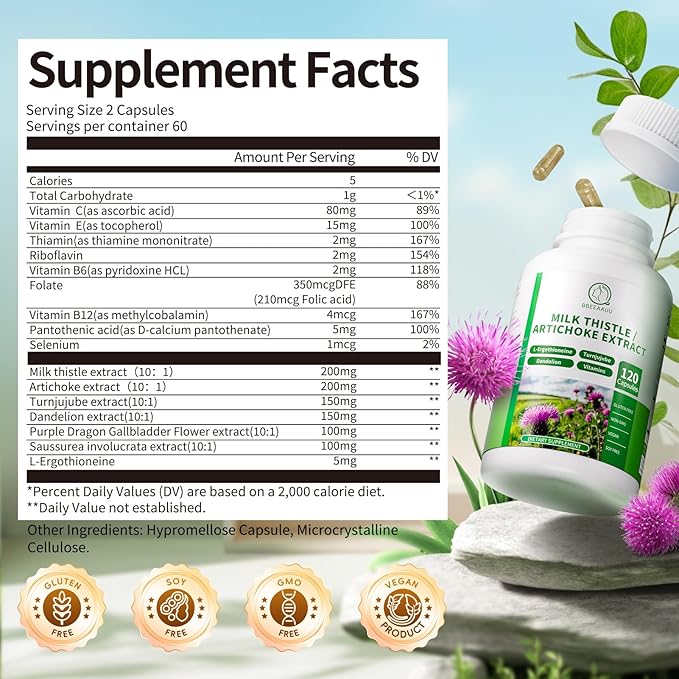 Milk Thistle Supplement, Liver Cleanse Detox & Repair Formula, 16-in-1 Herbal Liver Support Pill with Artichoke, L-Ergothioneine, Turnjujube Dandelion Extract for Liver & Antioxidant 120 Capsules