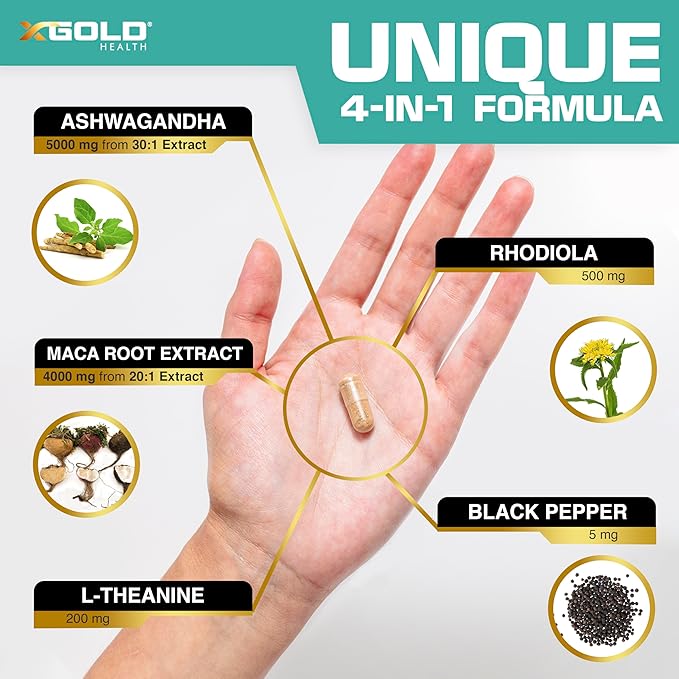 Ashwagandha 5,000mg + Maca Root Black, Red, Yellow 4,000mg, Rhodiola & L-Theanine: 30:1 Extract Ashwagandha Capsules, 20:1 Extract Maca Root Capsules - Supplement for Men and Women