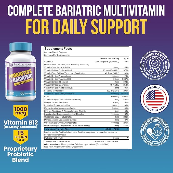 ProCare Health Probiotic Bariatric Multivitamin with Iron 45mg (60 Count) - 15 Billion CFU Bariatric Probiotic Fast Dissolving Veggie Capsules to Support Gut and Immune Health in Bariatric Patients