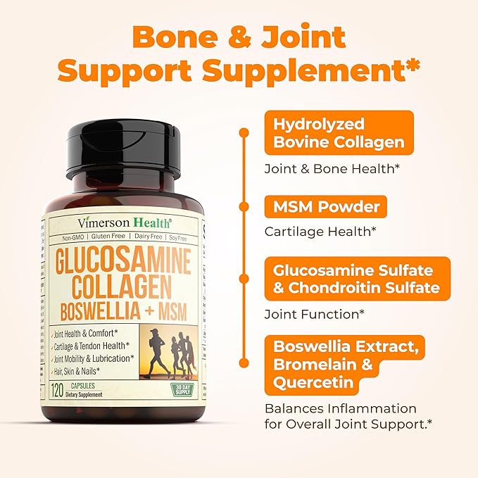 Glucosamine Chondroitin MSM with Collagen Powder. Joint Support Supplement. Bromelain, Quercetin, L-Methionine & Boswellia Extract capsules. Hair Skin and Nails Vitamins. FSA eligible. 120 caps