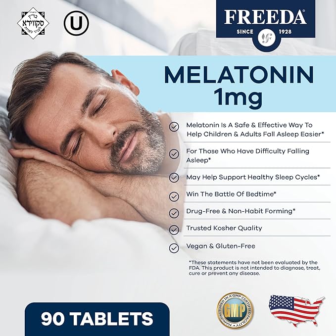 FREEDA Melatonin 1mg Sugar-Free Chewables – Gentle Sleep Aid for Adults & Kids – Vegan, Kosher, Gluten-Free, Non-GMO, Travel-Friendly – 90 Tablets