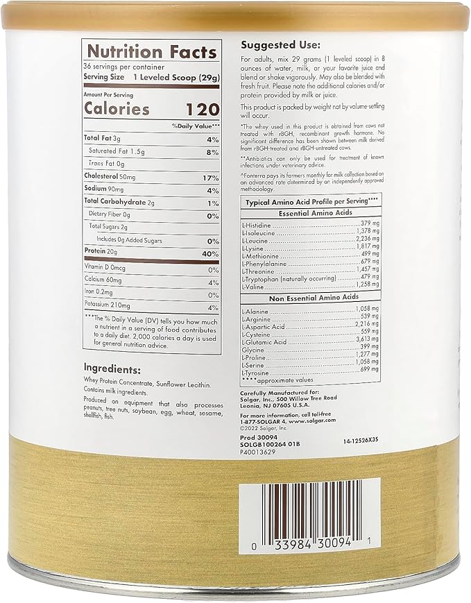 Solgar Grass Fed Whey to Go Protein Powder Unflavored, 2.3 lbs - 20g of Grass-Fed Protein from New Zealand Cows - Great Tasting & Mixes Easily - Supports Strength & Recovery - Non-GMO, 36 Servings