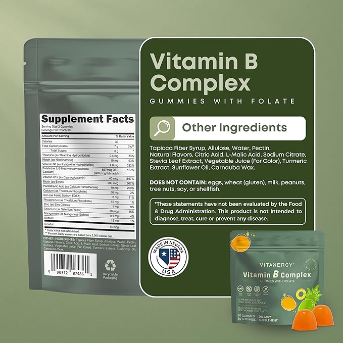 Tropical B Complex Gummies for Women – Sugar-Free, Vegan, Non-GMO – 7 B Vitamins + Iron, Energy & Immune Support – Travel Pouch, Made in USA, 60 Count