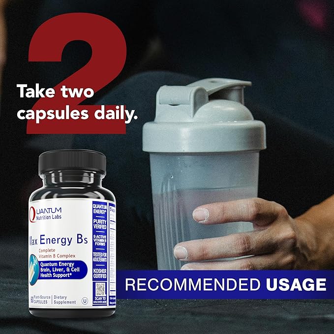 Quantum Nutrition Labs Max Energy Bs - Vitamin B Complex, Methylated B Complex Vitamins with Vitamin B1, B6, B12, Thiamin, Folate and Biotin - 60 Vegetarian Capsules