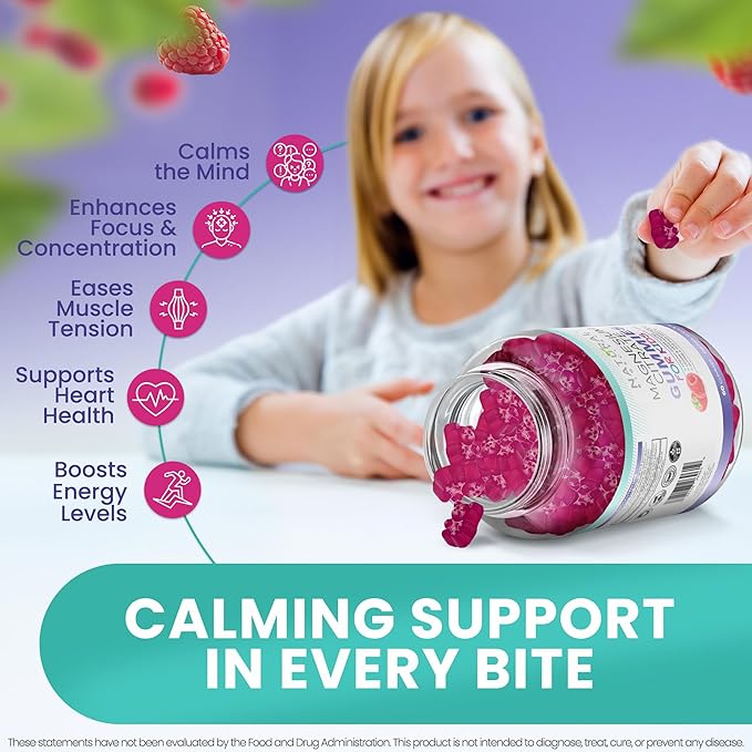 Sugar Free Magnesium Gummies for Kids 100mg - Chewable Magnesium Supplement, Calm & Sleep Support, Anti-Stress, Bone Health, Muscle Relaxation, Non-GMO Gluten-Free, All Natural 90 Vegan Gummies
