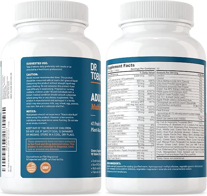 Dr. Tobias Adult Multivitamin for Women & Men, Immune Supporting Vitamins from 42 Fruits, Vegetables, Plus Probiotics, Vegan Multivitamins for Men & Women, Non-GMO, 180 Tablets, 60 Servings