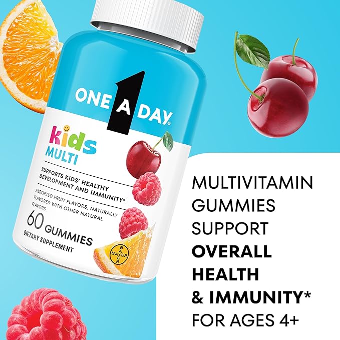 One A Day Kids Multivitamin Gummies, Kids Vitamins with Vitamin C, D, E & Zinc for Immune Support, Childrens Gummy Vitamins, Assorted Fruit Flavors, 60ct (Packaging May Vary)