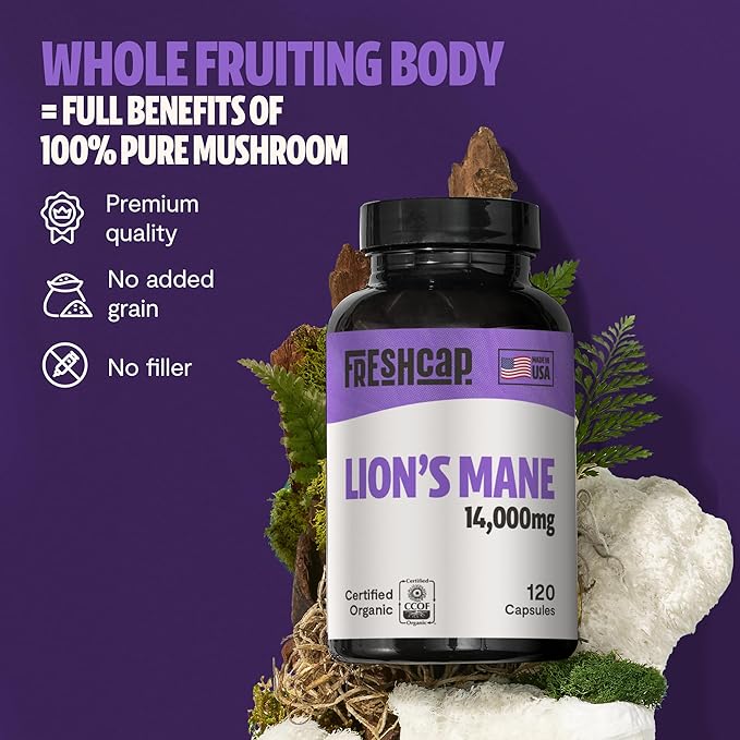 FreshCap Lions Mane Supplement Capsules 14,000mg - Lion's Mane, High Potency Extract, 14:1 Organic Mushroom Supplement, Ayurveda Focus Made in USA (120 Capsules)