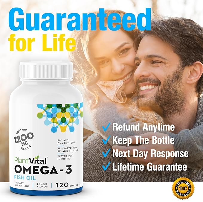 Plantvital Omega 3 Capsules- Pure Norwegian Omega 3 Fish Oil Supplements - Triple Strength- No Fish Flavor- Molecularly Distilled- Cognitive, Joint, Eye, Hair and Heart Health support-120 Capsules