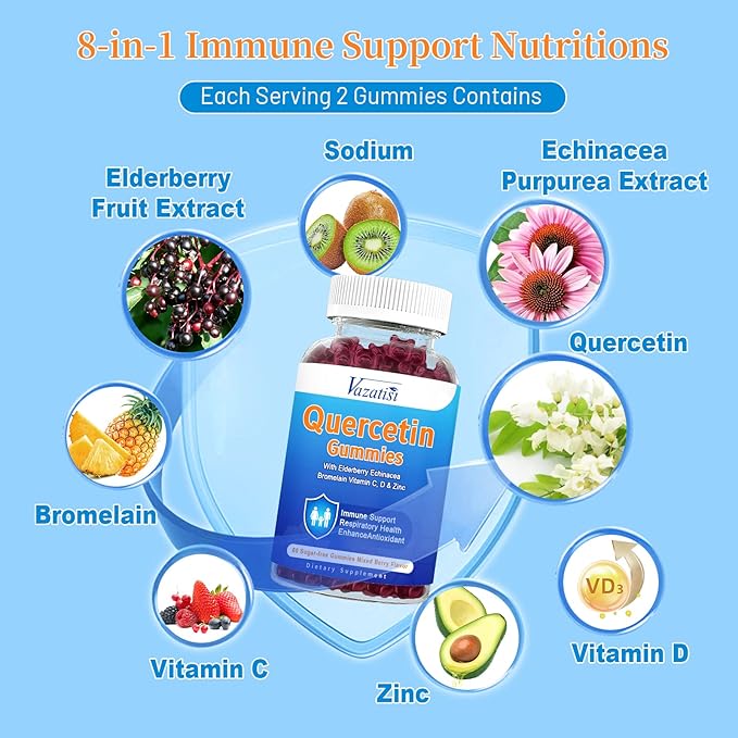 (2 Pack) Quercetin Gummies with Bromelain Elderberry Zinc & Vitamin C, Quercetin Supplement Gummies, Immune Support for Adults & Kids, Vegan Mixed Berry Flavor 120 Cts