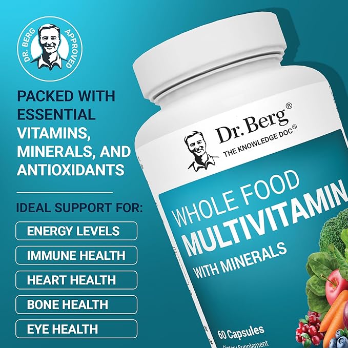 Dr. Berg Whole Food Multivitamin with Minerals - Daily Multivitamin for Men and Women - Includes Premium Whole Food Fruits and Vegetable Blend with Folate, Alpha-lipoic Acid and More - 60 Capsules