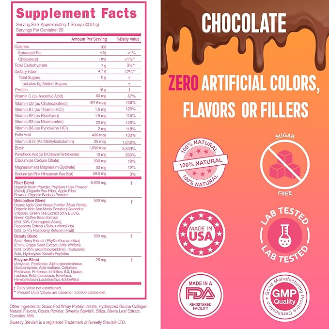 Lean Beauty Shake Protein Powder-Chocolate- Grass Fed Whey Protein, Hydrolyzed Collagen, Beauty Ingredients, Vitamins and Metabolism Support, No Sugars, All Natural, 20 Servings, Made in USA