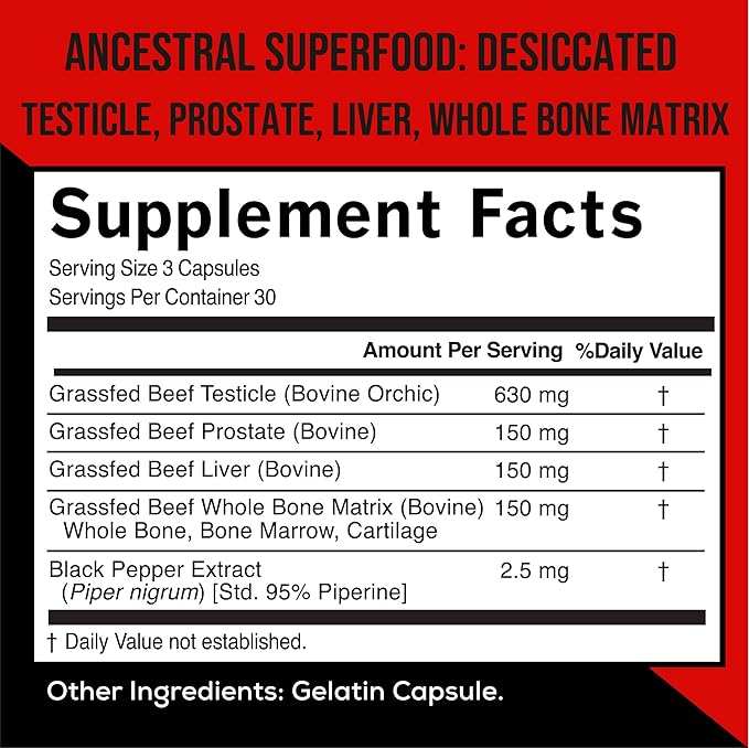 Wild Foods Men's Vitality Formula – Grass-Fed Bovine Supplement & Beef Liver Capsules with Testicle, Prostate, Whole Bone | Primal and Carnivore Diet Approved | 90 Organ Meat Capsules (30-Day Supply)