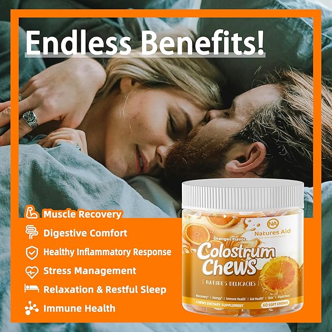 Colostrum Chews Supplement with probiotics for Gut Health, Bloating, Immune Support, Skin, Hair Growth and Beauty - Orange Flavor (60 Servings)