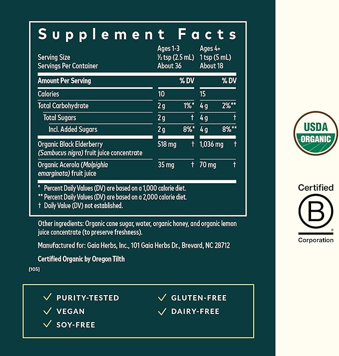 Gaia Herbs GaiaKids Black Elderberry Syrup - Delicious Immune Support Supplement for Kids - with Organic Black Elderberries and Honey - USDA Certified - 3 Fl Oz
