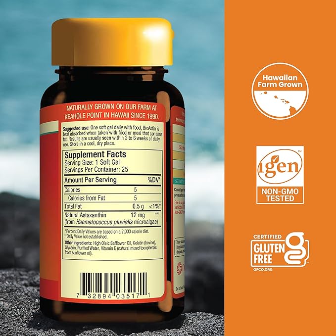 Nutrex Hawaii BioAstin Hawaiian Astaxanthin - 12mg, 25 Softgels - Farm-Direct Premium Antioxidant Supplement to Support Eye, Skin, Joint & Immune System Health - Non-GMO & Gluten-Free