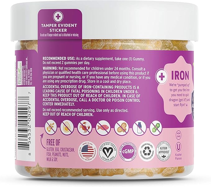 Vitamin Friends - Vegan Multivitamin & Iron for Kids - Daily Nutritional Support Gummies w/Ferrous Fumarate B-Complex, Vitamin C, Zinc, Biotin - Body Function & Anemia - Strawberry, (60 Day Supply)