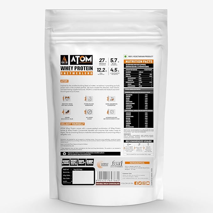 Asitis Nutrition AS-IT-is Atom Whey Protein 1kg/35.2 Oz with Digestive Enzymes | USA Labdoor Certified for Accuracy & Purity | Double Rich Chocolate Flavor | 27g Protein | 5.7g Bcaaâ