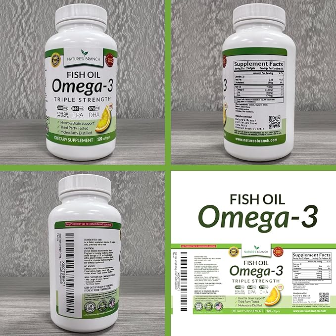 Best Triple Strength Omega 3 Fish Oil Pills 2400mg | 120 Capsules | Burpless High Potency Lemon Flavor | 864mg EPA 576mg DHA Ultra Pure Liquid Softgels | Brain Joints Eyes Hair Heart Health Supplement