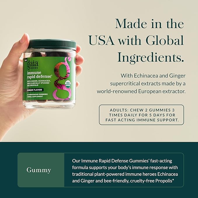 Gaia Herbs Organic Immune Rapid Defense Gummies - Supports Immunity - with Propolis, Ginger, and Echinacea - 60 Vegan Gummies (30-Day Supply)