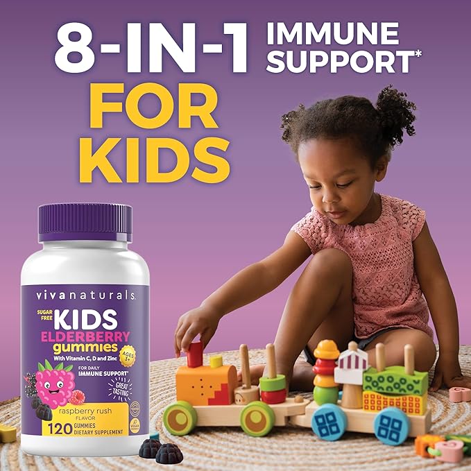 Sambucus Elderberry Gummies for Kids with Vitamin C and Zinc (120 Count) - Sugar-Free 8-in-1 Immune Support Gummy - Chewable Vegan, Gluten-Free Sambucus Elderberry Gummy for Kids, Immunity Gummies