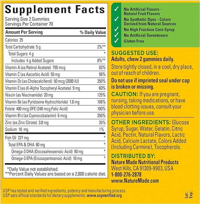 Nature Made Multivitamin + Omega-3, Dietary Supplement for Daily Nutritional Support, 140 Gummy Vitamins and Minerals, 70 Day Supply (Pack of 1)