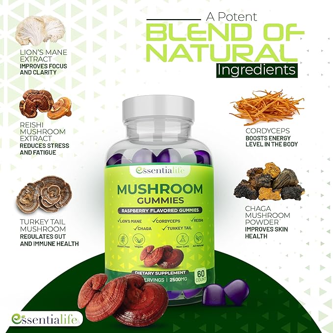 Mushroom Gummies Lions Mane Supplement Mushroom Supplement with Lions Mane, Turkey Tail, Cordyceps, Reishi, Chaga Extract | Brain Health and Immune Support Gummies, 120 Count
