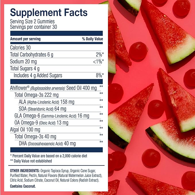Wiley's Finest Vegan Omega-3 Gummies - Natural Sugar - Vegetarian DHA, ALA & SDA - Gluten Free - Watermelon Flavor, 60 Gummies