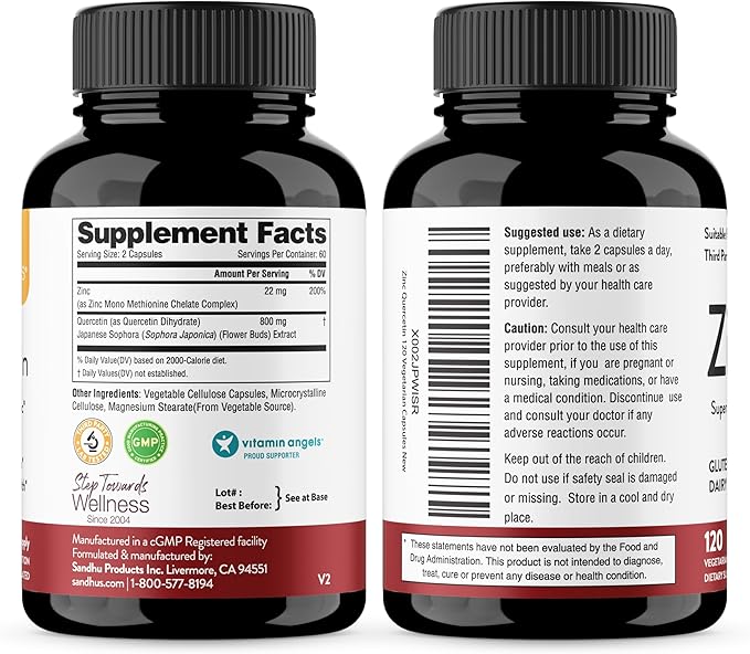 Sandhu's Zinc Quercetin 120 Vegetarian Capsules (Pack of 3) – Zinc Supplements for Antioxidant Immune Support Zinc for Men and Women