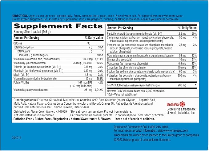 Emergen-C Immune+ Triple Action Immune Support Powder, BetaVia (R), 1000mg Vitamin C, B Vitamins, Vitamin D and Antioxidants, Super Orange – 50 Count