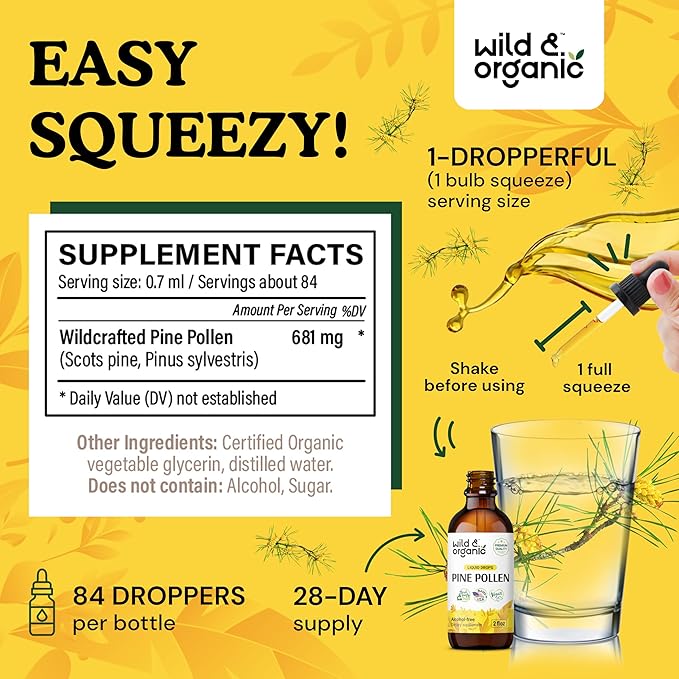 Wild & Organic Pine Pollen Tincture - Immune Support Supplement w/Pine Pollen - Liquid Drops w/Wildcrafted Scots Pine Pollen & Pinus Sylvestris - Antioxidants Supplement w/Pine Pollen Extract 2 oz